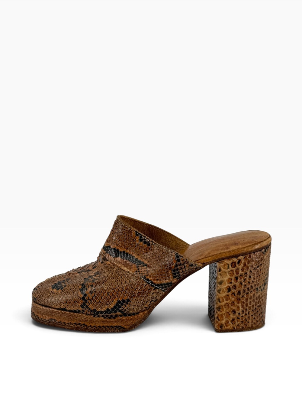 70’s True Vintage Custom Made Snakeskin Brown Leather Block Heel Mule